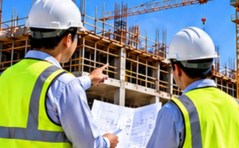 Two site engineers reviewing drawings at a construction site