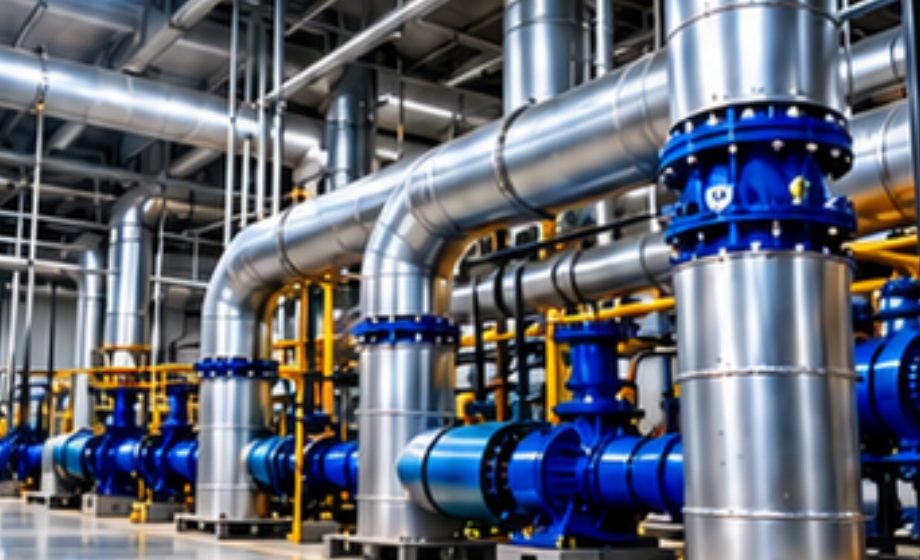 Industrial plant room with pipework and pumps