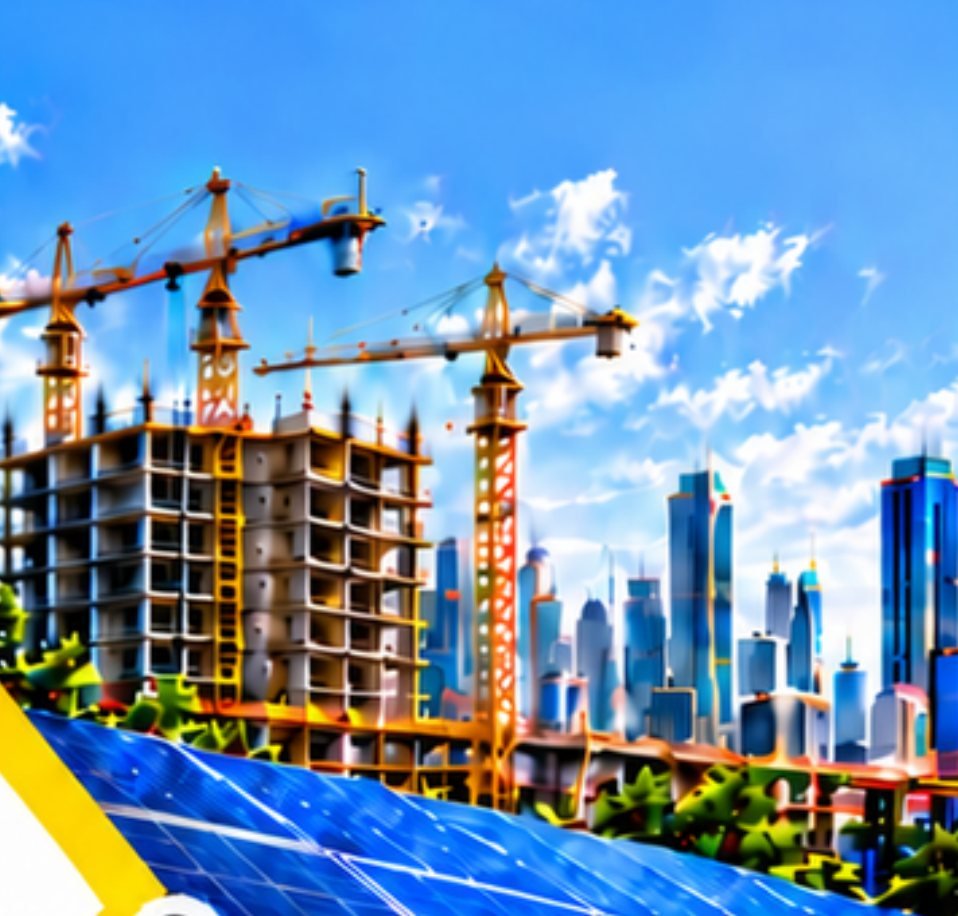 Building under construction with rooftop solar panels in front