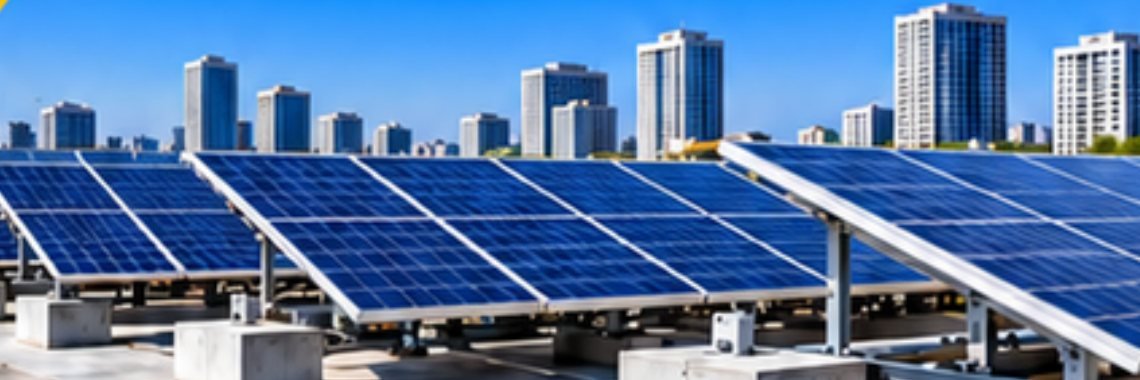 Rows of solar panels with the city behind